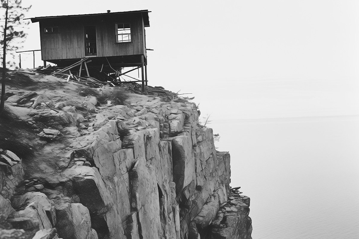 Black and white photo of cabin on a cliff